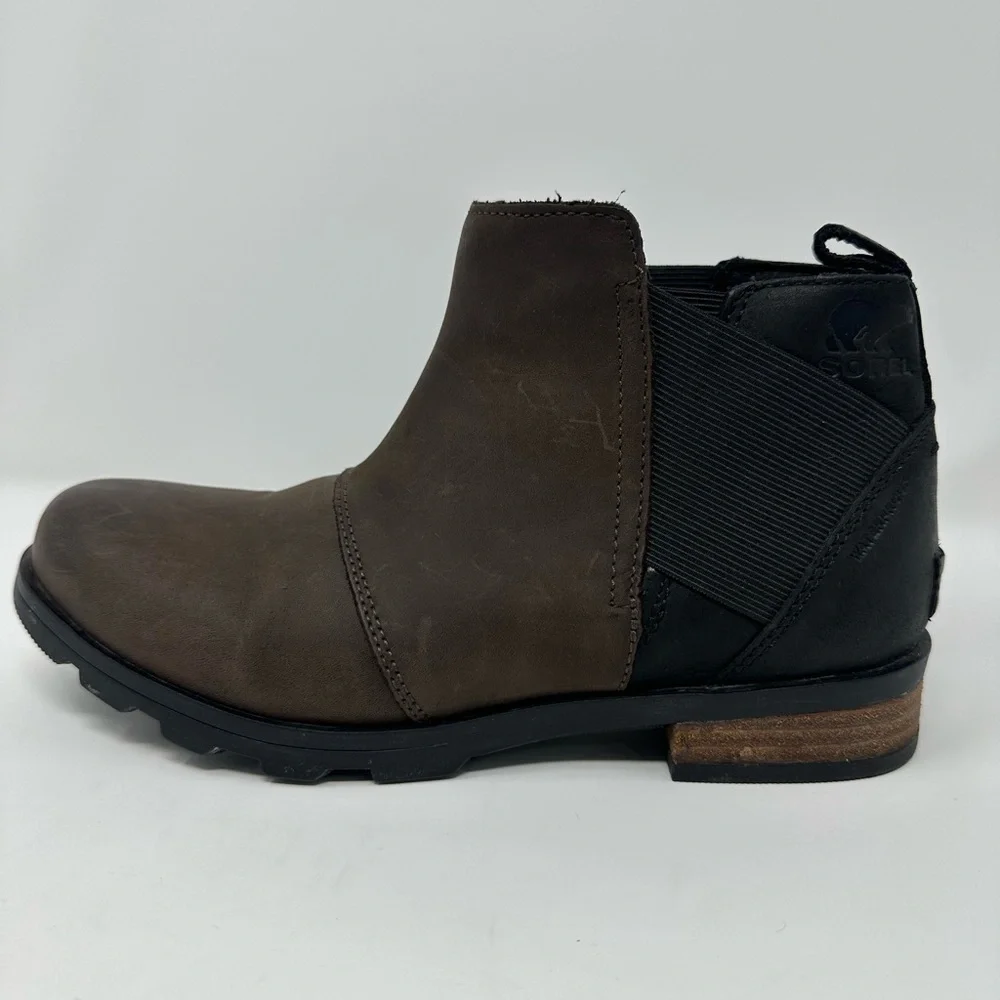 Sorel Womens Size 7 .5 Emelie Chelsea Boots Quarry Black Leather Waterproof Shoe - Picture 1 of 12